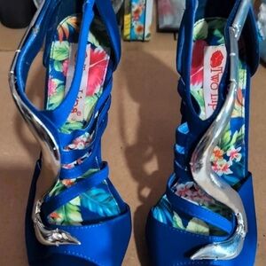 Two Lips Bright Blue Floral Strappy Heels with Silver Swirl